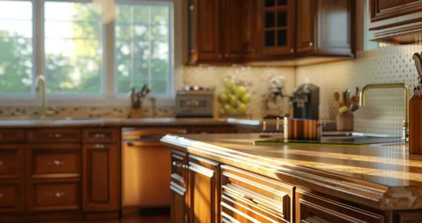 a beautifully designed kitchen showcasing elegant custom cabinets, bathed in warm natural light, emphasizing a harmonious blend of modern style and functionality.