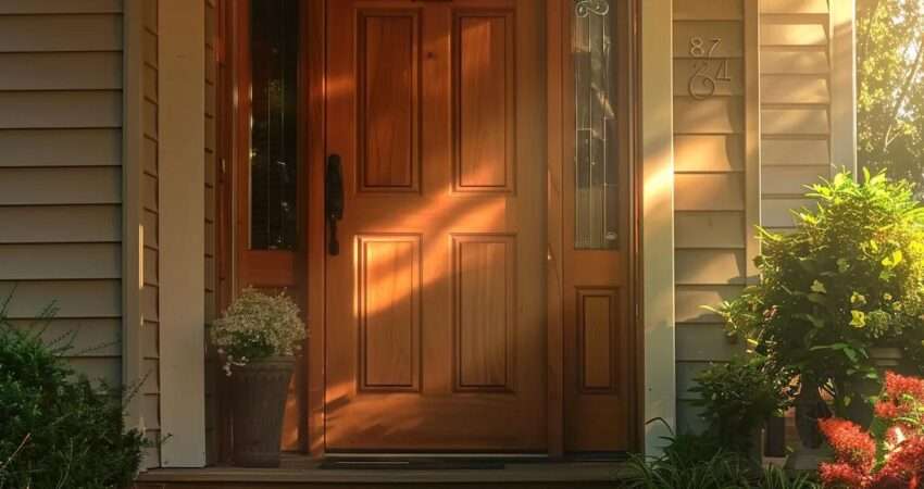 a beautifully renovated exterior door stands resplendent against a freshly painted entryway, showcasing the transformative potential of home enhancements in raleigh, nc, bathed in warm afternoon sunlight.