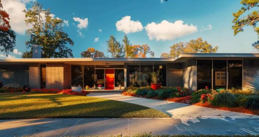 a beautifully renovated raleigh home with a striking modern facade, showcasing clean lines, vibrant colors, and lush landscaping under soft, golden hour lighting.