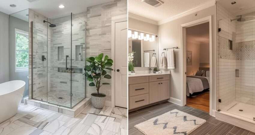 a beautifully renovated small bathroom in raleigh features sleek, modern fixtures and soft, ambient lighting, highlighting elegant tiles and a pristine, minimalist aesthetic.