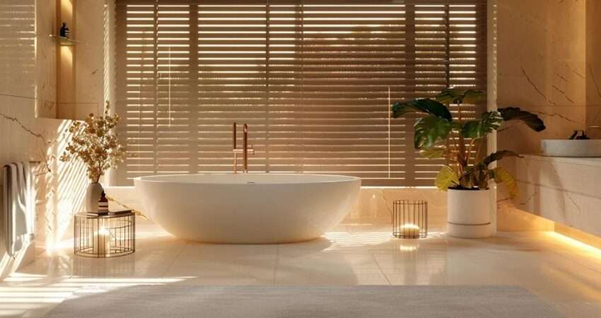 a breathtaking luxury bathroom featuring sleek marble finishes, an elegant freestanding soaking tub, and ambient lighting that creates a serene oasis of relaxation.