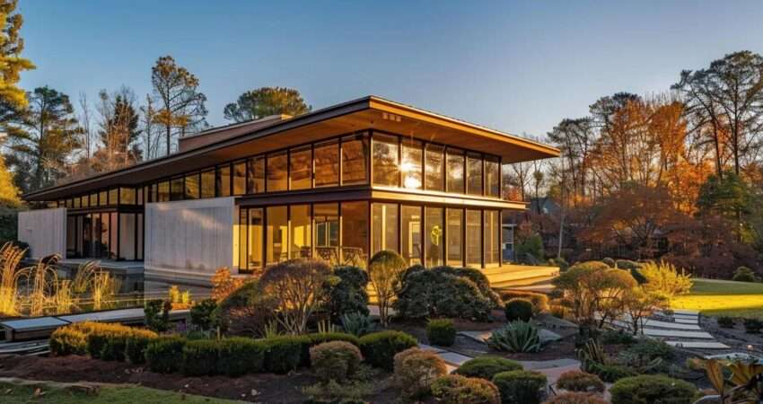 a charming, modern home extension showcasing sleek architecture and vibrant garden landscaping, illuminated by warm sunlight, set against a clear blue sky in raleigh.