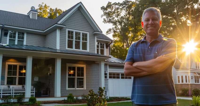 a confident homeowner stands proudly in front of a beautifully designed home addition, showcasing a seamless blend of modern architecture and classic charm in a sunlit raleigh neighborhood.