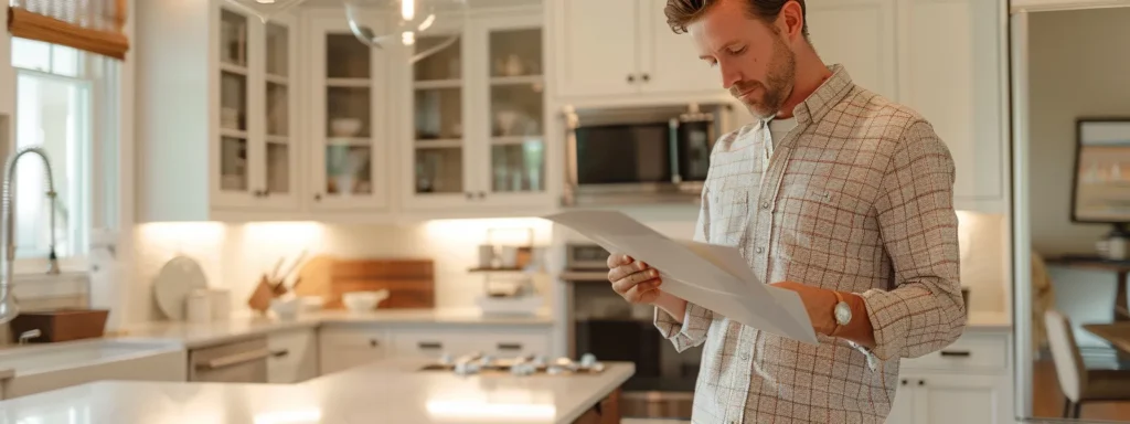 a homeowner carefully reviewing a portfolio of a qualified contractor in a stylish kitchen showroom in raleigh, nc.