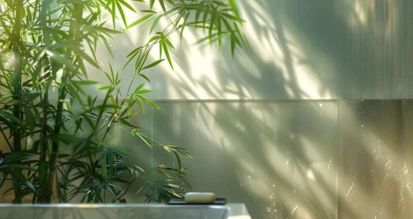 a serene eco-friendly bathroom in a raleigh home showcases bamboo accents and lush greenery, illuminated by soft natural light filtering through a frosted window.