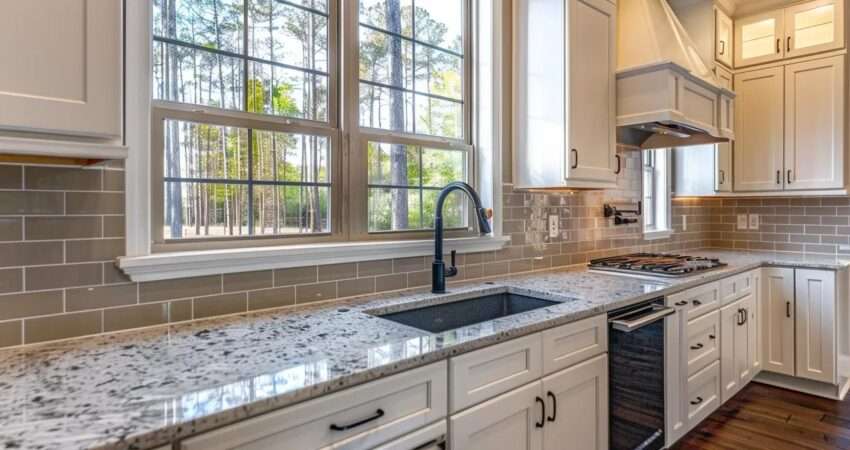 a sleek, modern kitchen in raleigh, nc, features elegant cabinetry and a vibrant backsplash, illuminated by warm natural light streaming through large windows.