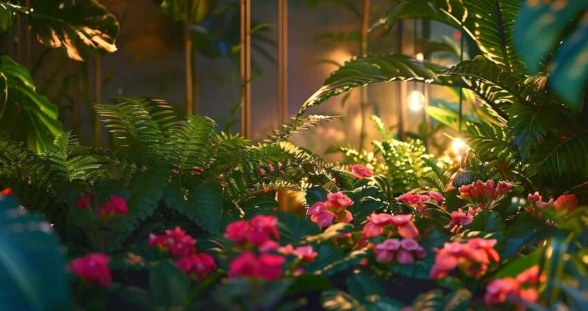 a stunning evening garden illuminated by elegant outdoor lighting, showcasing vibrant flowers and lush greenery under a soft, warm glow that transforms the space into a tranquil retreat.