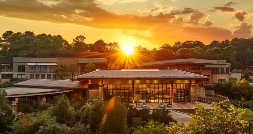 a stunning, newly remodeled home exterior in raleigh, nc, showcasing modern architectural elegance against a backdrop of lush greenery under a golden sunset.