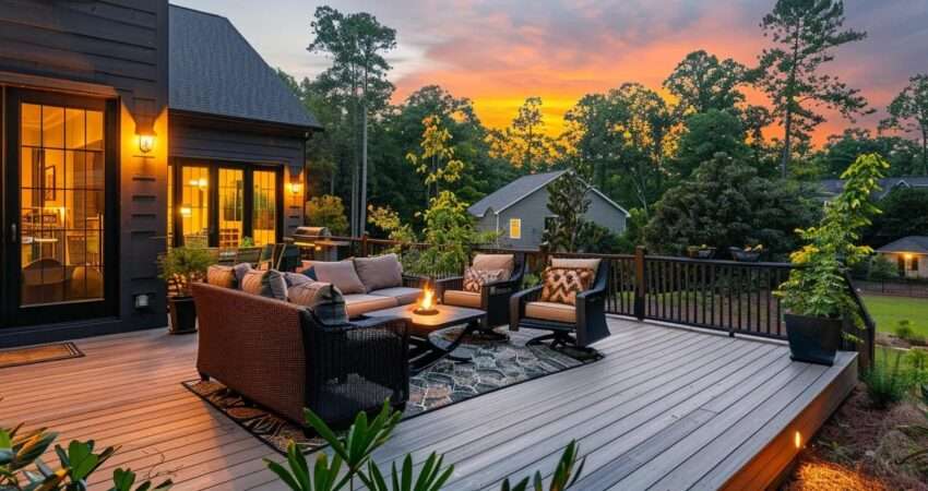 a stunning outdoor space featuring a beautifully crafted deck adorned with lush greenery and elegant patio furniture, illuminated by the warm glow of sunset, all set against the backdrop of a serene raleigh neighborhood.