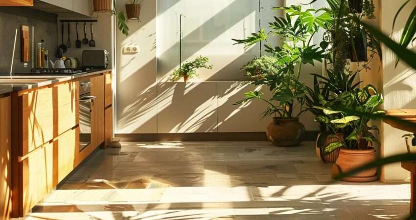 a sunlit, modern kitchen featuring sustainable materials, lush indoor plants, and stylish fixtures, embodying the essence of eco-friendly design and renovation.