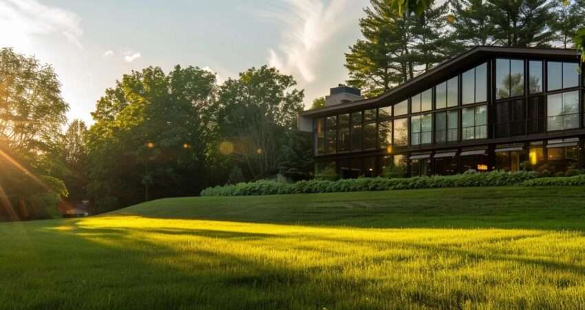 a sleek, modern home adorned with energy-efficient windows reflects brilliant sunlight against a vibrant green landscape, showcasing the perfect blend of sustainability and elegance.