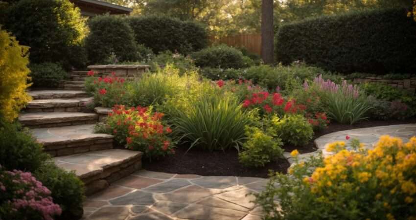 a vibrant raleigh backyard showcases a stunning transformation with lush greenery, colorful flower beds, and a meticulously designed stone pathway under soft, golden afternoon light.