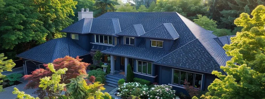 a beautifully composed aerial view of a modern home with a newly installed, vibrant asphalt shingle roof glistening under the bright sun, emphasizing cost-effective elegance in residential roofing.