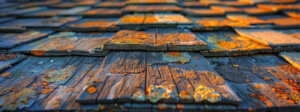 a beautifully detailed close-up of a weathered asphalt shingle roof, showcasing its textured surface and vibrant colors, illuminated by soft morning light to emphasize the contrast between the shingles and a clear blue sky above.