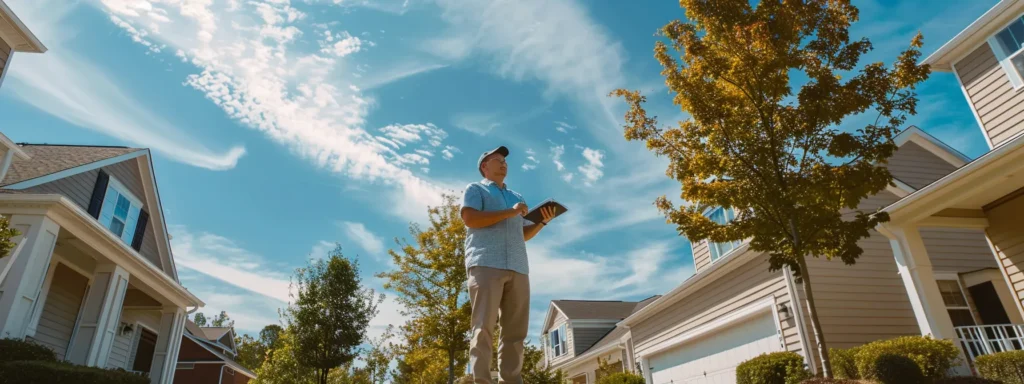 a bright raleigh neighborhood showcases a confident homeowner standing beside a trusted roof repair expert, engaged in discussion under clear blue skies, emphasizing the importance of informed choices in specialist selection.