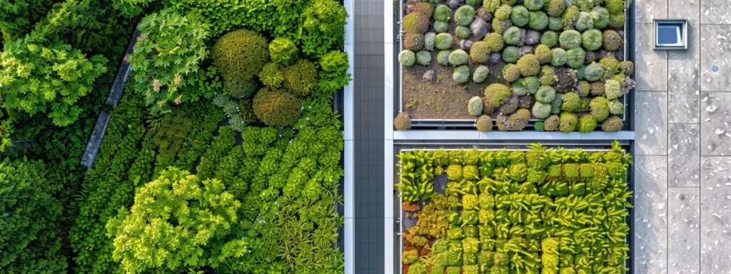 a captivating aerial view showcasing a side-by-side comparison of a vibrant eco-friendly green roof and a classic traditional rooftop, under bright sunlight, emphasizing their contrasting textures and colors against a clear blue sky.