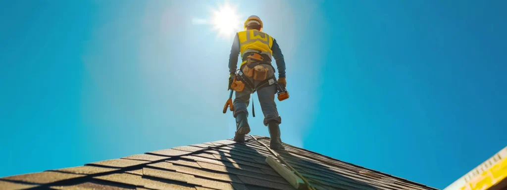 a certified roof repair specialist, equipped with high-visibility safety gear and professional tools, systematically inspects a steep roof under clear blue skies, conveying a strong sense of expertise and commitment to safety in their work environment.