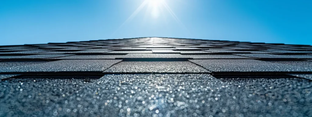 a close-up view of a newly installed, durable asphalt shingle roof glistening under the bright sunlight, showcasing the intricate texture and vibrant color contrast against a clear blue sky, symbolizing raleigh's strict roofing codes and commitment to safety and longevity.