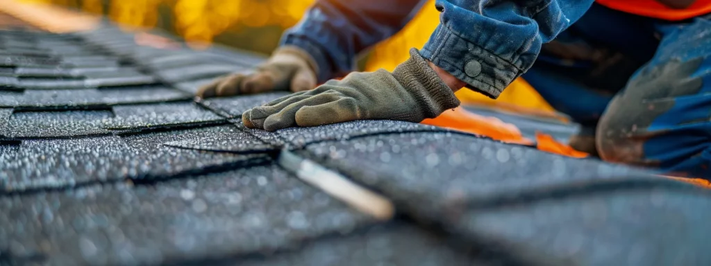 a close-up of a skilled roofer meticulously repairing a vibrant shingle roof under the warm glow of the afternoon sun, symbolizing trust and expertise in local roofing services.