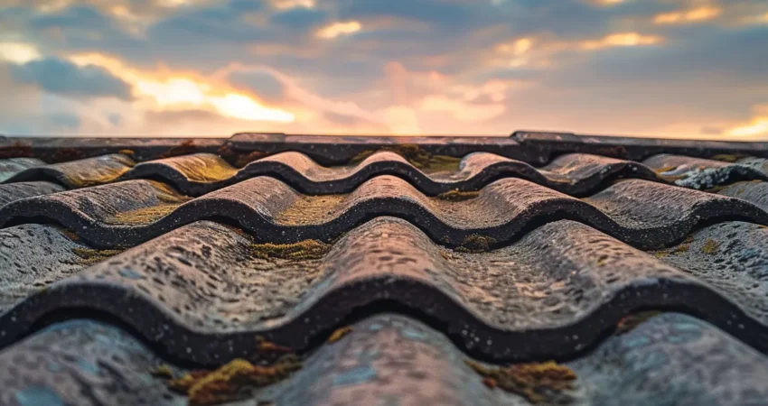a close-up of a weathered rooftop under a dramatic sky, highlighting the urgency of proper roof repair licensing to prevent costly violations and ensure homeowner safety.