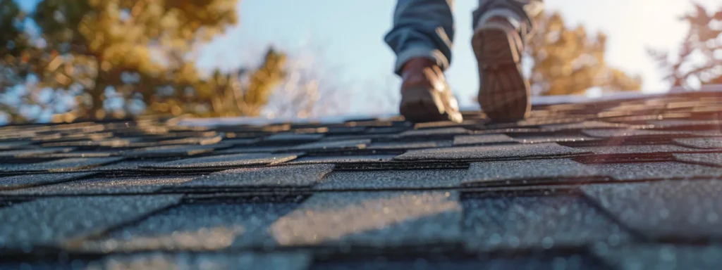 a close-up shot of a local raleigh roofing specialist expertly inspecting a weathered roof section, showcasing the intricate details of the roofing materials under bright, natural sunlight.