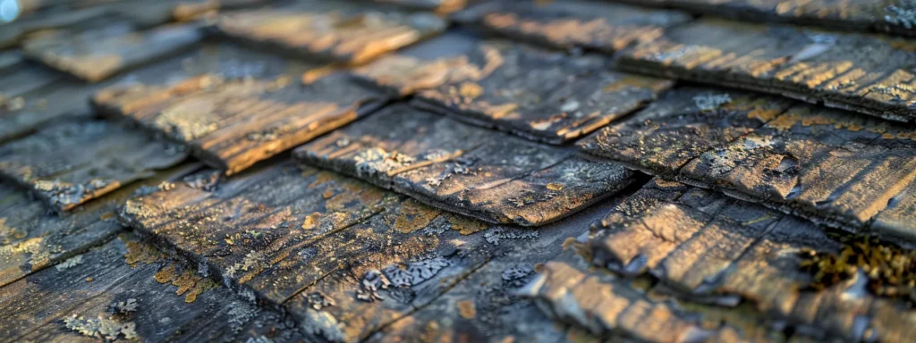 a close-up view of a weathered rooftop in raleigh, showcasing worn shingles and visible signs of water damage under soft afternoon sunlight, highlighting the importance of regular maintenance for homeowners.