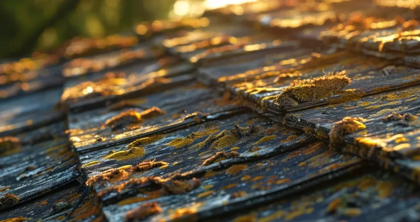 a close-up of a weathered yet sturdy residential roof in raleigh, bathed in warm golden sunlight, showcasing the intricate textures of shingles and moss, symbolizing the resilience and affordability of home repair.