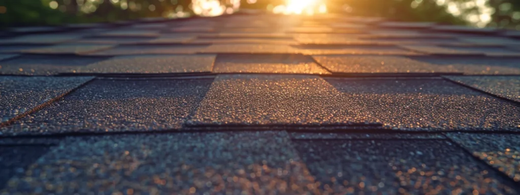 a close-up view of a well-maintained asphalt shingle roof under bright sunlight, highlighting the rich textures and colors while capturing the essence of diligent home care and proactive maintenance.