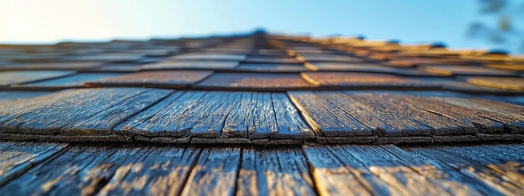 a close-up of a newly replaced shingle on a weathered roof under a bright blue sky, highlighting the contrast between the shiny surface and the surrounding worn materials, symbolizing rejuvenation and structural integrity.