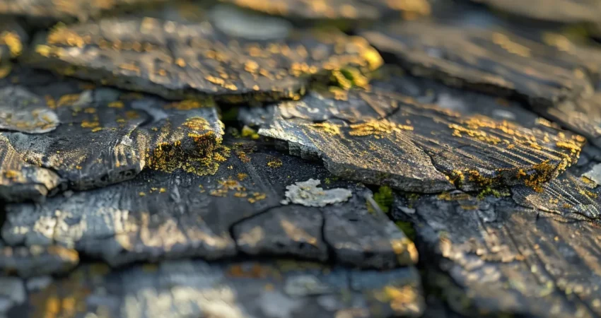 a close-up view of a weathered roof in raleigh, showcasing cracked shingles and algae growth under soft morning light, highlighting the urgent need for repair.