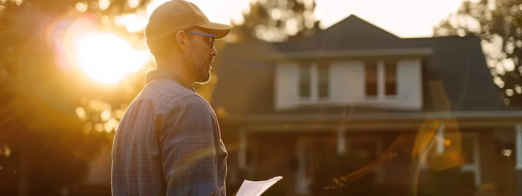 a concerned homeowner stands in front of a house, inspecting a detailed contractor's credentials checklist under bright, natural sunlight, emphasizing the importance of proper verification for a successful roofing project.