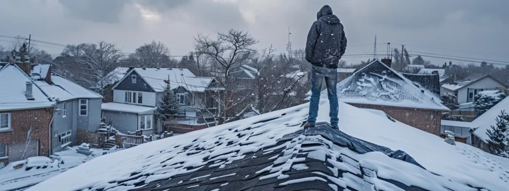 a concerned homeowner stands on a snowy roof, inspecting visible damage under overcast skies, with a tarp ready to secure a gaping hole, highlighting the urgency of immediate action after severe weather.