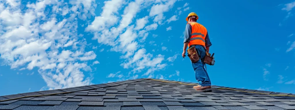 a confident contractor inspects a newly-installed roof under a bright blue sky, showcasing vibrant shingles that adhere to raleigh's roofing regulations, symbolizing compliance and quality workmanship.