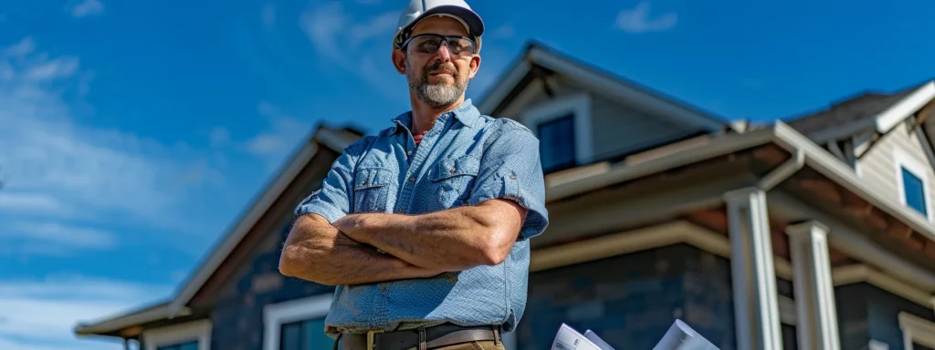 a confident contractor stands in front of a well-maintained house, holding blueprints and surrounded by essential roofing materials, with a clear blue sky overhead symbolizing the promise of successful roof repair endeavors.