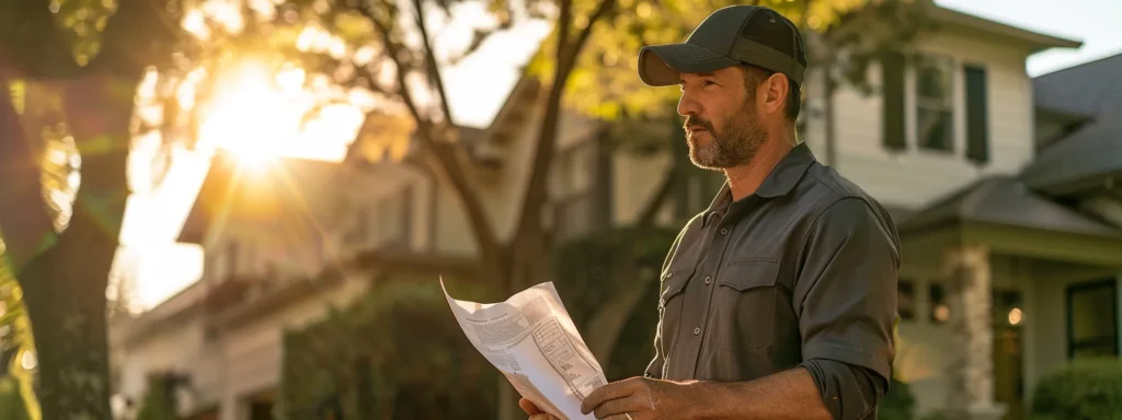 a confident homeowner examines a detailed roofing estimate under warm afternoon sunlight, surrounded by a lush outdoor setting that emphasizes the importance of clarity and reliability in home improvement projects.