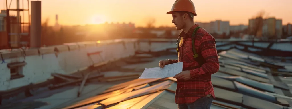 a confident raleigh roofing professional meticulously examines a detailed compliance checklist on a sunlit rooftop, showcasing the importance of safety and regulation in construction.