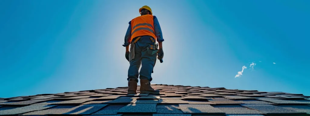 a confident roofing contractor inspects a vibrant, freshly shingled roof against a clear blue sky, highlighting the importance of skill and local expertise in ensuring quality repairs.