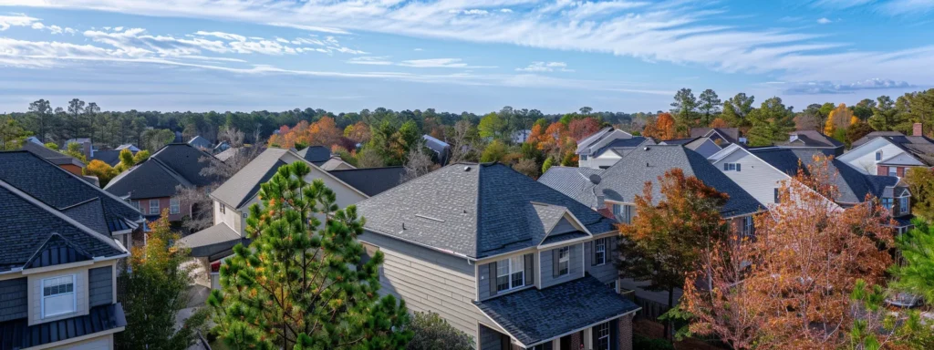 a cozy neighborhood in raleigh showcases a skilled roofer meticulously inspecting a house's roof under a bright blue sky, symbolizing community trust and the importance of local expertise in home maintenance.