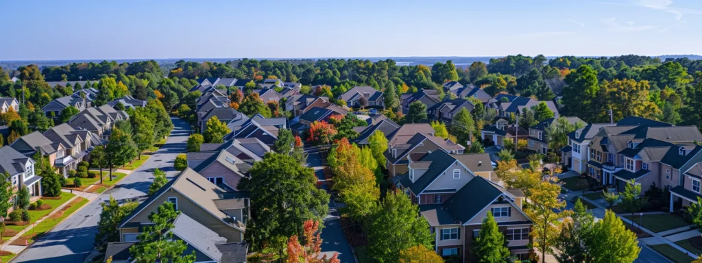 a detailed aerial view of a picturesque raleigh neighborhood showcases diverse homes with freshly repaired roofs, highlighting the importance of local building codes and thriving property values under a clear blue sky.