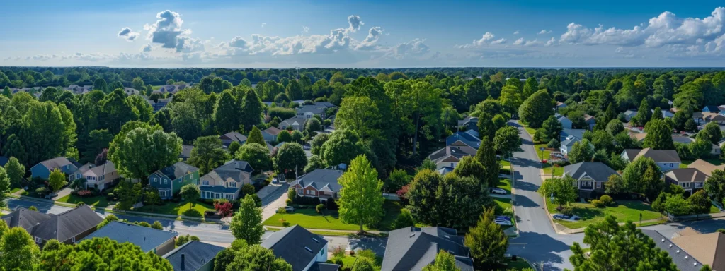 a detailed aerial view of a suburban neighborhood in raleigh, showcasing diverse roofing styles and colors, framed by lush greenery under a clear blue sky, symbolizing the contrast between local and state roofing regulations.