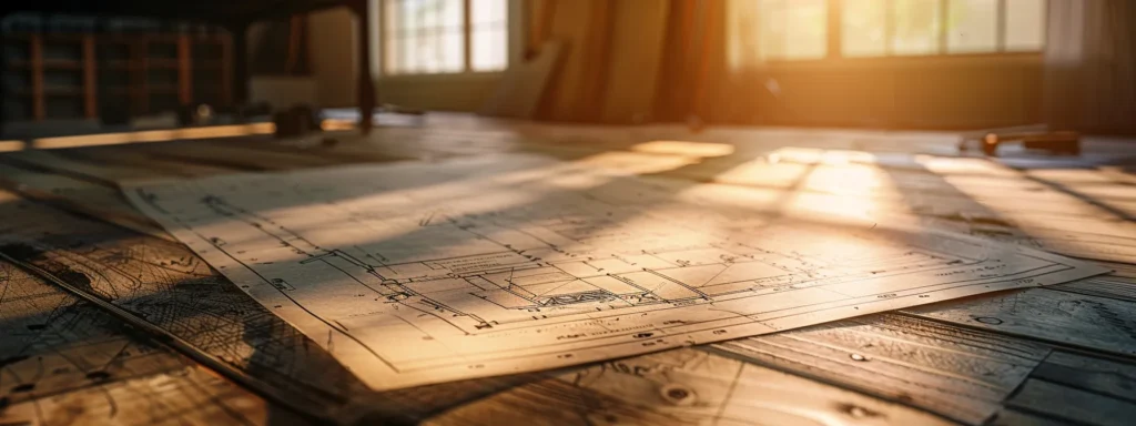 a detailed architectural blueprint of a roof design lays prominently on a rustic wooden table, illuminated by warm, natural light to emphasize the meticulous planning required for a successful roofing permit application in raleigh.