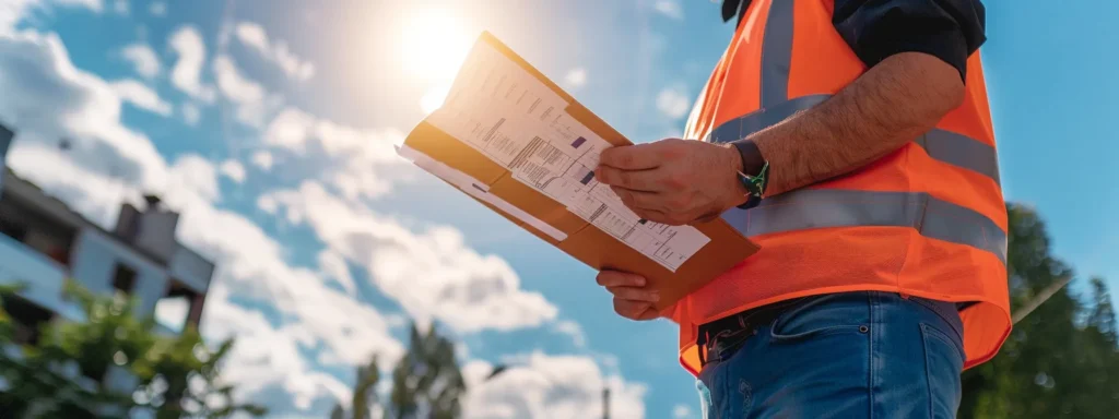 a detailed close-up of a roofing contractor meticulously reviewing a vibrant, well-organized folder of licensing documents under a bright, natural sunlight streaming down from a clear blue sky, emphasizing the importance of compliance and safety in construction.