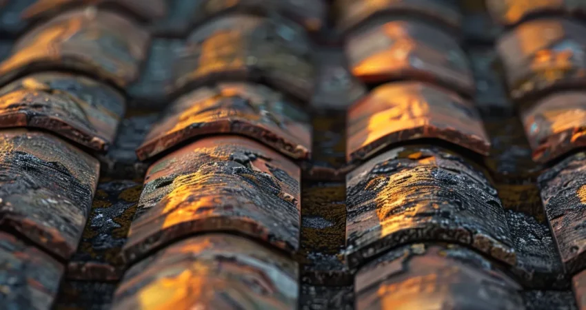 a detailed close-up of a weathered rooftop featuring a mix of shingles and tiles, illuminated by soft golden hour light, emphasizing the contrast between urban architecture and the natural elements of the surrounding skyline.