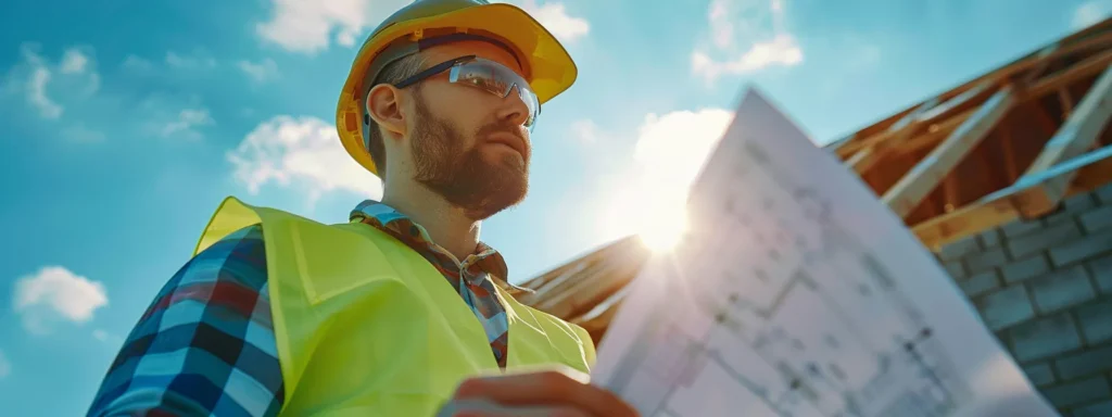 a detailed close-up of a professional roofing contractor studying building plans under a bright blue sky, with a partially completed roof structure in the background, illustrating the importance of permits in construction compliance.