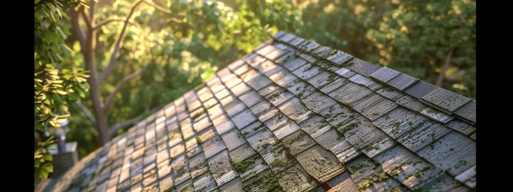 a detailed illustration of a residential roof under inspection, showcasing a robust roofing structure with weathered shingles, highlighted by bright sunlight illuminating the surrounding greenery, emphasizing the importance of compliance with safety regulations and quality materials in raleigh.