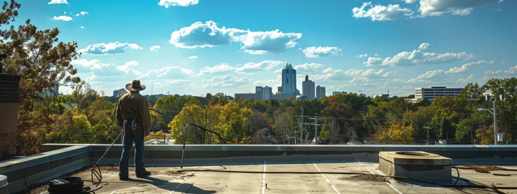 a detailed rooftop inspection scene captures a seasoned inspector examining improperly installed roofing materials under bright afternoon sunlight, highlighting issues like mold growth and ventilation concerns against the backdrop of a picturesque raleigh skyline.