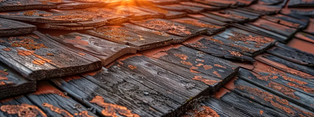 a detailed view of a weathered rooftop in raleigh, showcasing the varying textures of shingles and visible repairs under a dramatic sunset, highlighting the importance of regular inspections and maintenance.