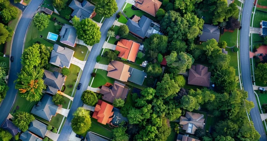 a dramatic aerial view contrasts a well-structured raleigh neighborhood with distinct roofing styles against the backdrop of varied neighboring areas, highlighting the striking differences in roofing regulations.