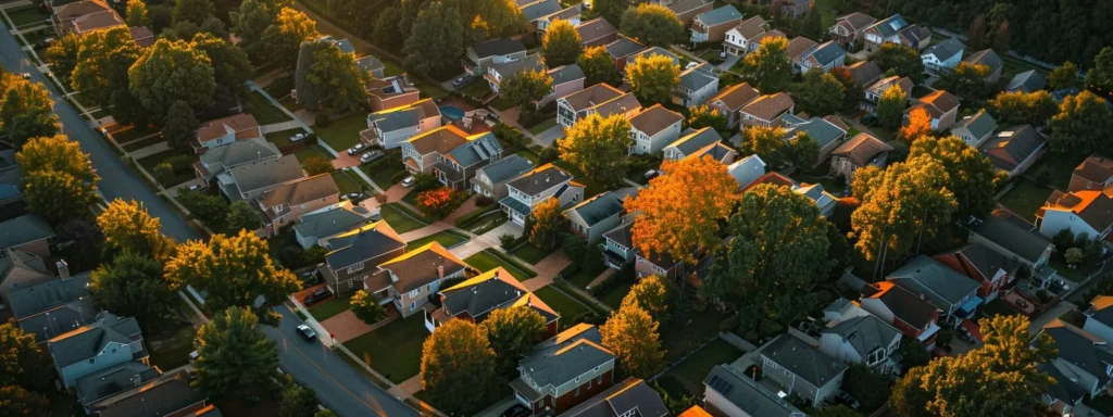 a dramatic aerial view of a raleigh neighborhood showcases contrasting rooftops, highlighting the stark differences between high-quality materials and worn, dilapidated roofs, bathed in golden hour lighting to emphasize the importance of informed decision-making in roofing.