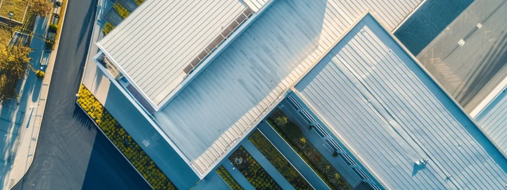 a dramatic aerial view of a modern commercial building with a sleek stainless steel roofing system, glistening under the vibrant sunlight, emphasizing its durability and efficiency against a clear blue sky.